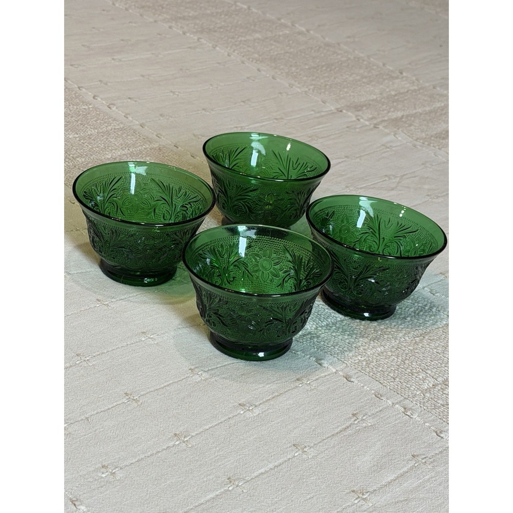 Vintage Anchor Hocking Forest Green Sandwich Sherbet Dessert Bowls. (4)